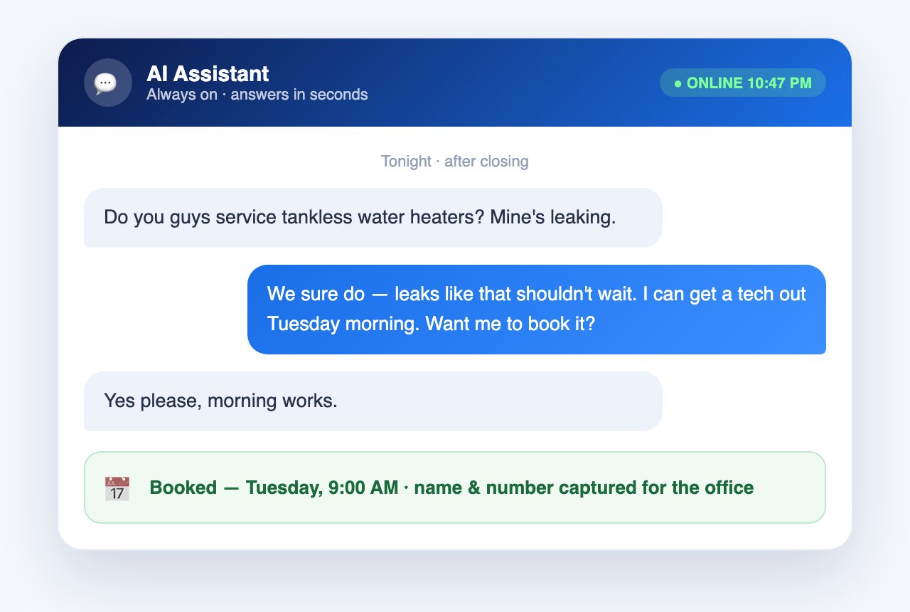 Illustration: the AI assistant answering a customer at 10:47 PM and booking a Tuesday appointment