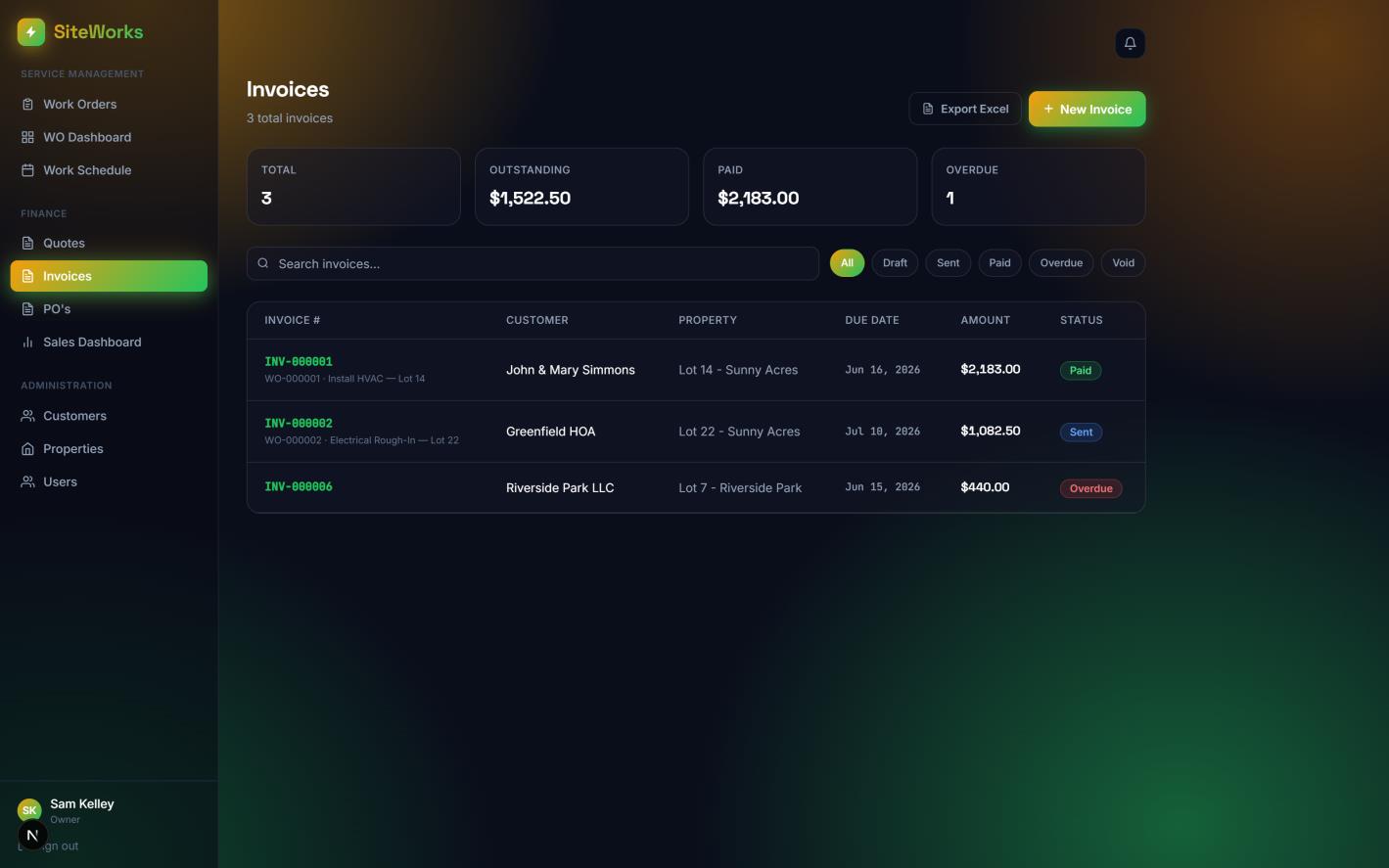SiteWorks invoices list with paid, sent, and overdue status