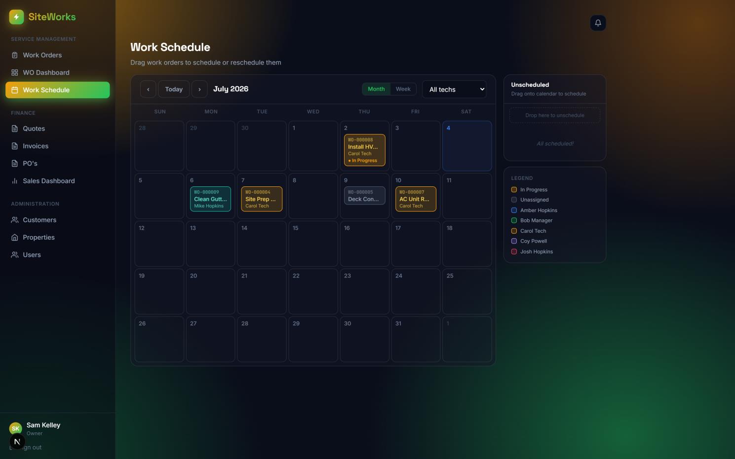 SiteWorks drag-and-drop scheduling calendar across the crew