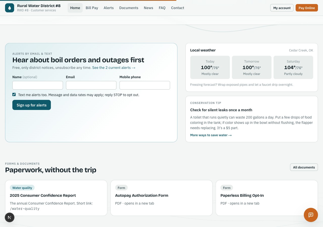 Public site: alert sign-up, live weather, conservation tip, and document quick links
