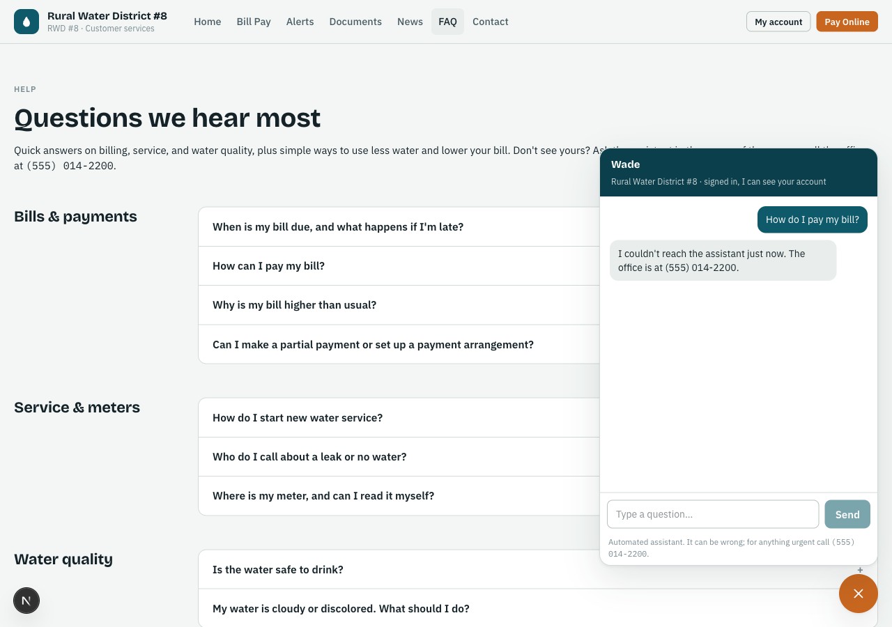 District FAQ page with the chat assistant open, answering from district data