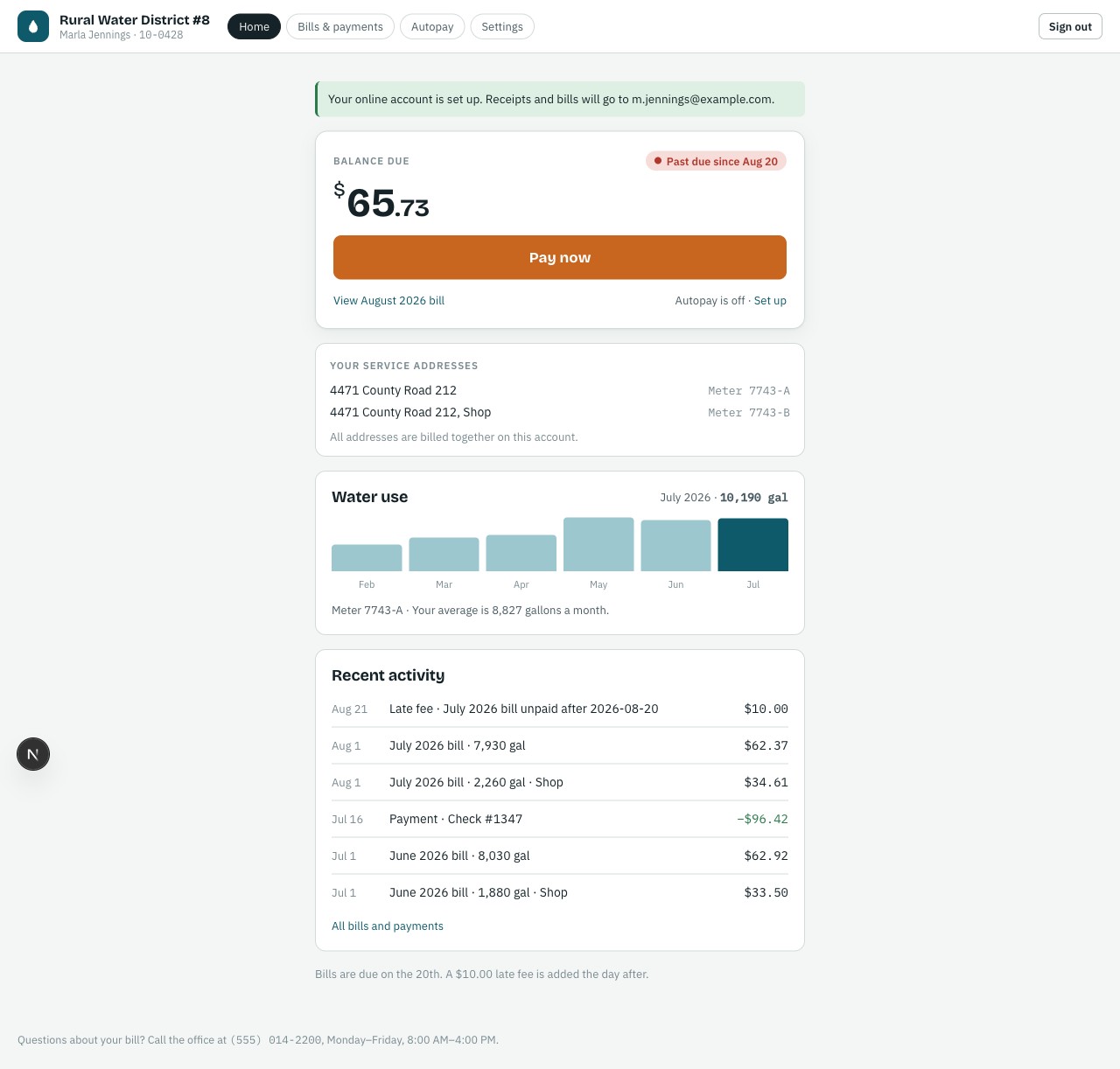 Customer portal: balance, pay now button, water-use chart, and recent activity