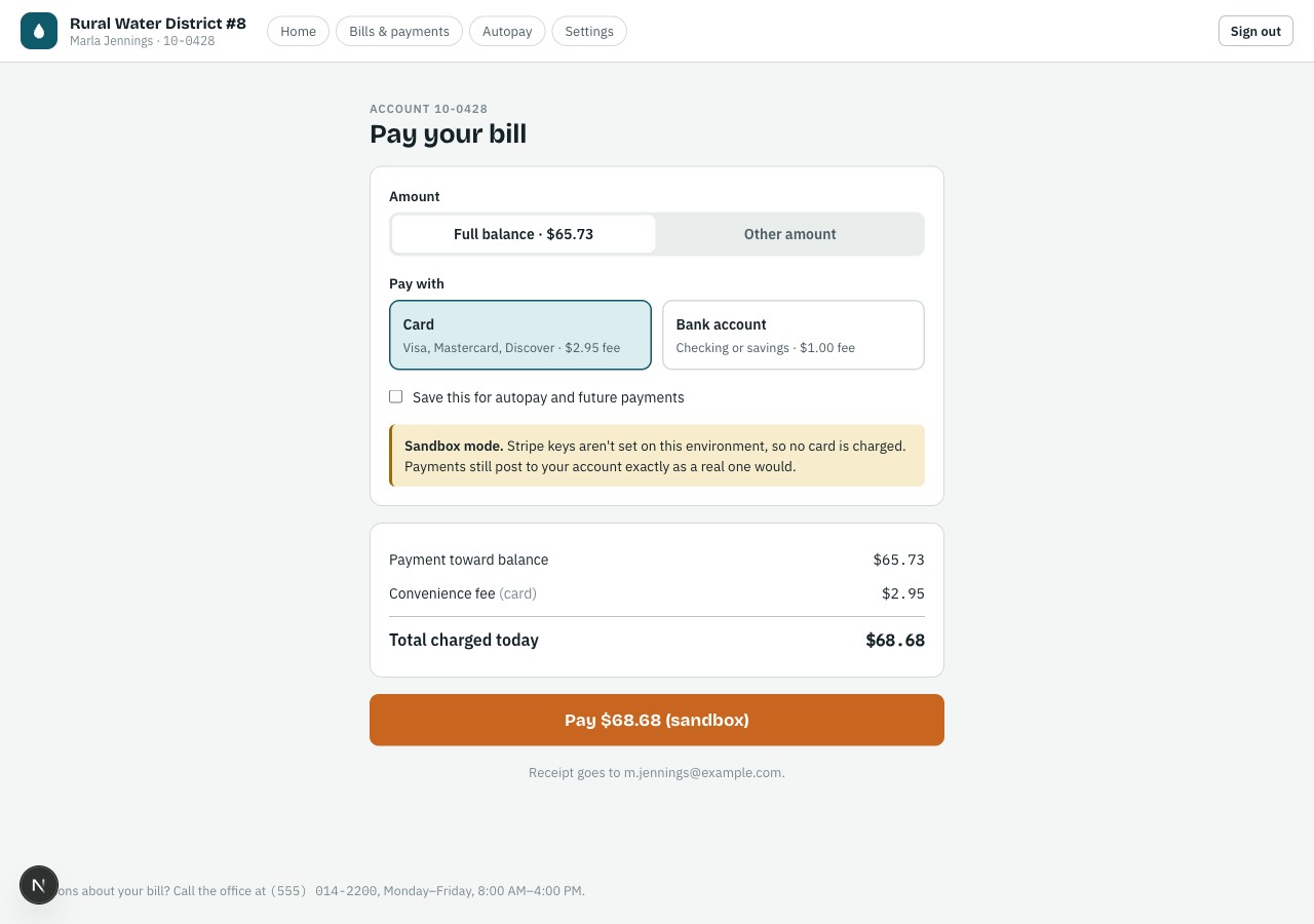 Checkout with card or bank choice and the convenience fee shown up front