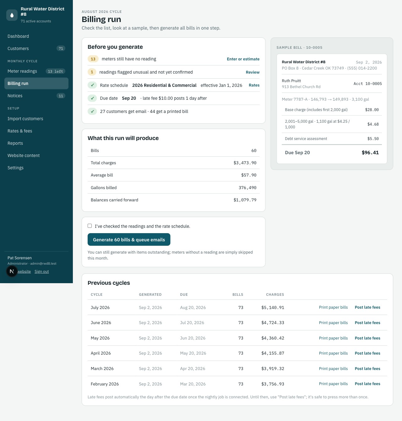 Billing run screen with pre-flight checklist and sample bill