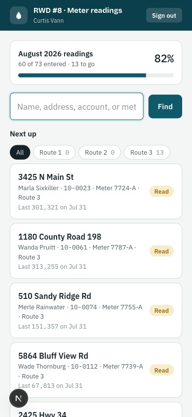 Meter reader's phone home screen: cycle progress and next meters by route