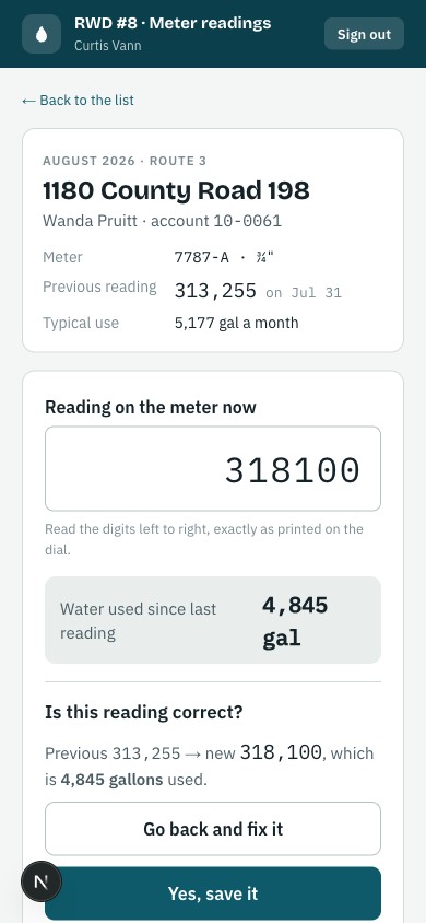 Confirmation screen restating previous reading, new reading, and gallons used