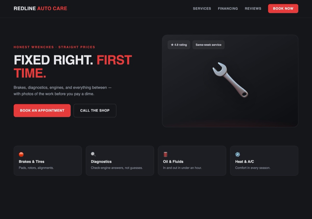 Concept website design for an auto repair shop — dark theme with bold red accents