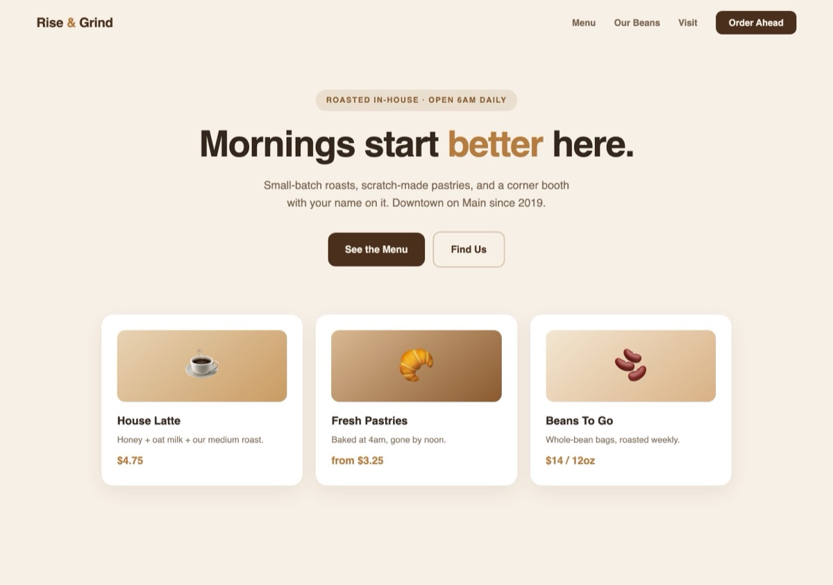 Concept website design for a coffee shop — warm cream theme with menu highlights