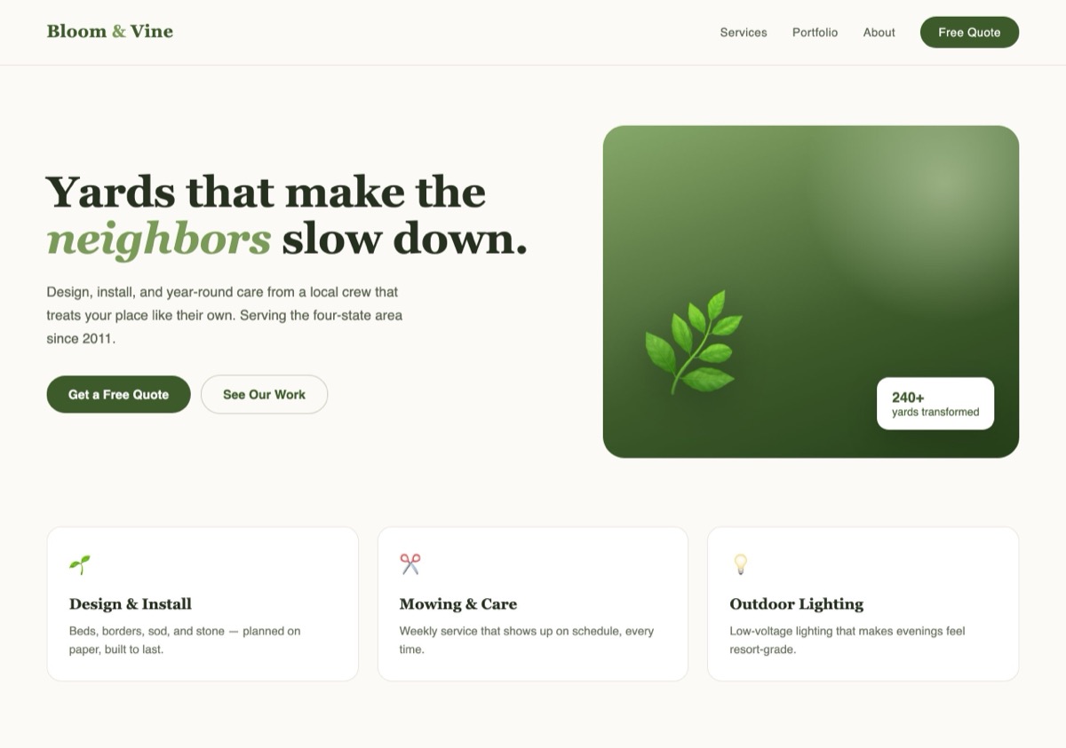 Concept website design for a landscaping company — light theme with serif headline and service cards
